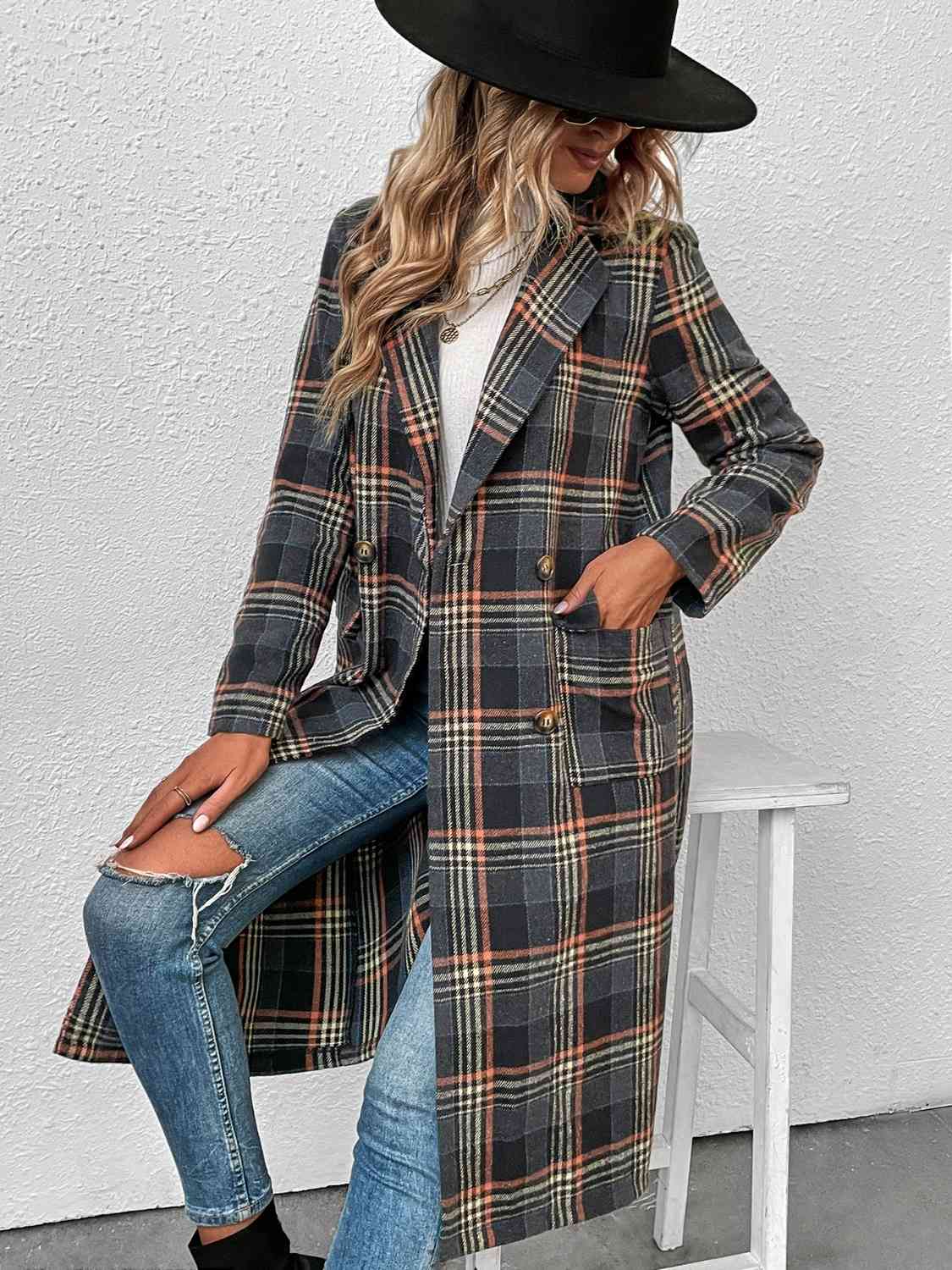 Plaid Lapel Collar Trench Coat Coats & Jackets JT's Designer Fashion