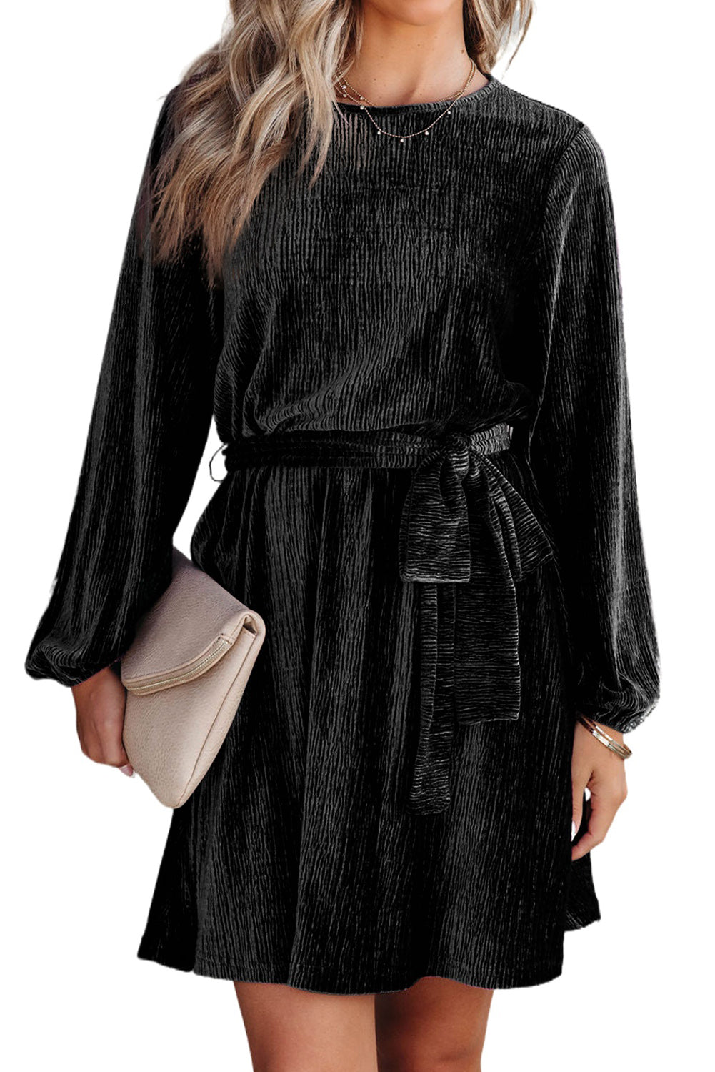 Black Crinkle Velvet Tie Waist Mini Dress Dresses JT's Designer Fashion