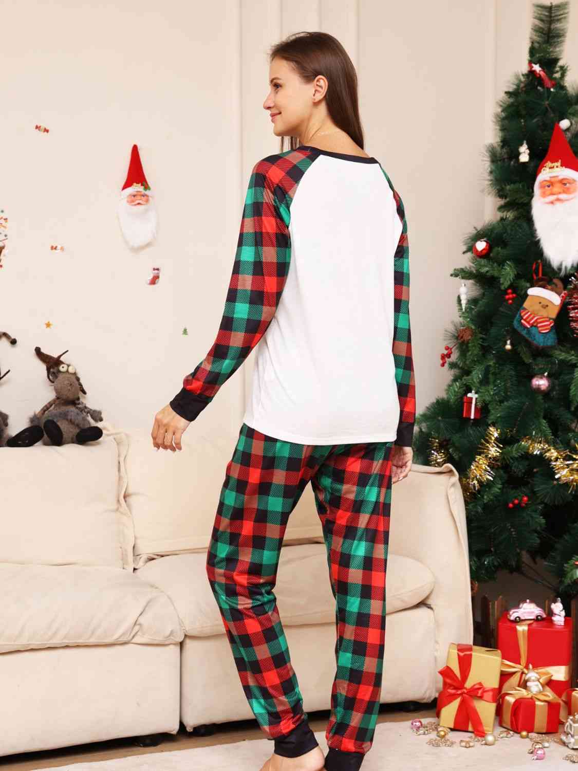Full Size Reindeer Graphic Top and Plaid Pants Set Pajamas JT's Designer Fashion
