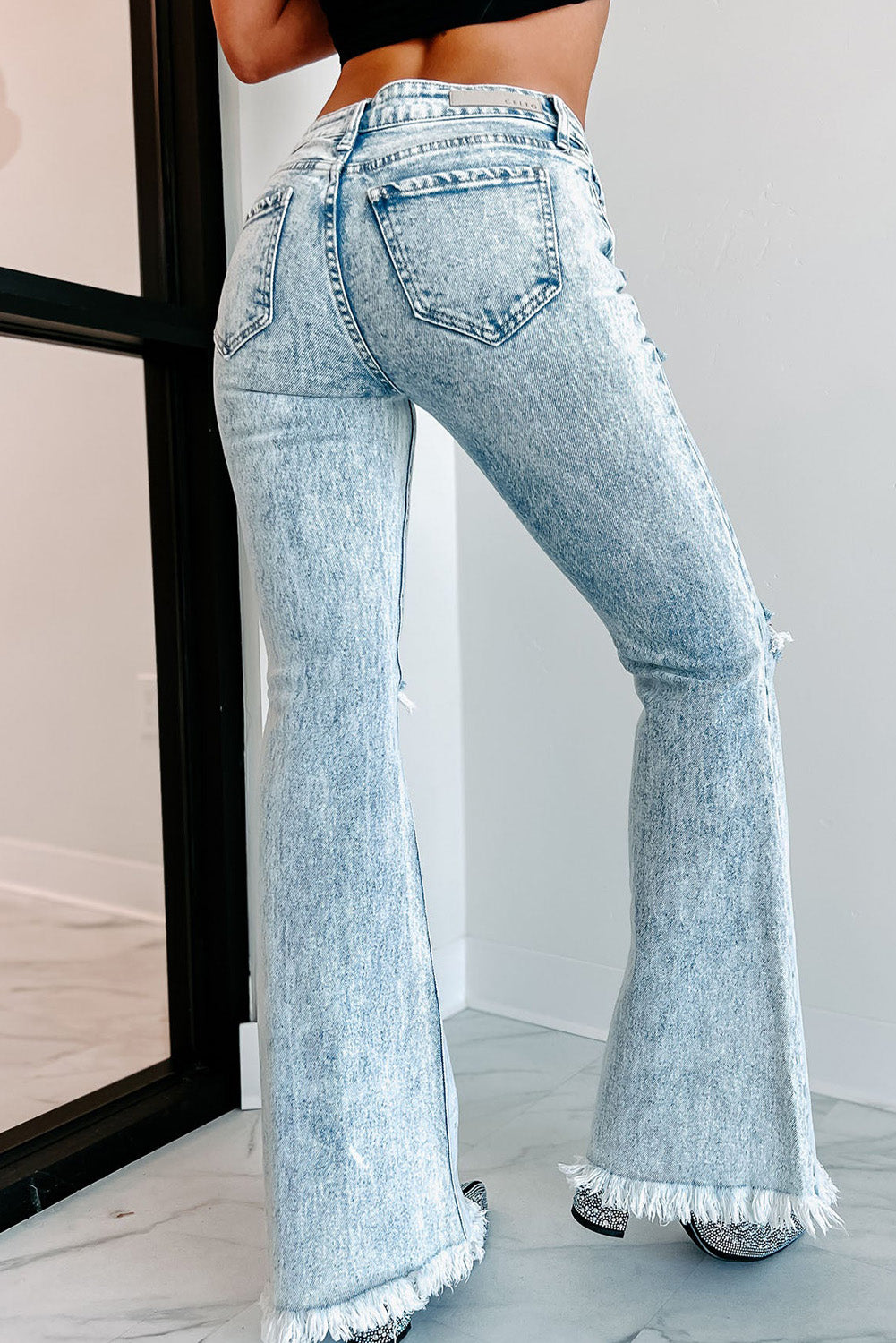 Sky Blue Distressed Acid Wash Flare Jeans Jeans JT's Designer Fashion