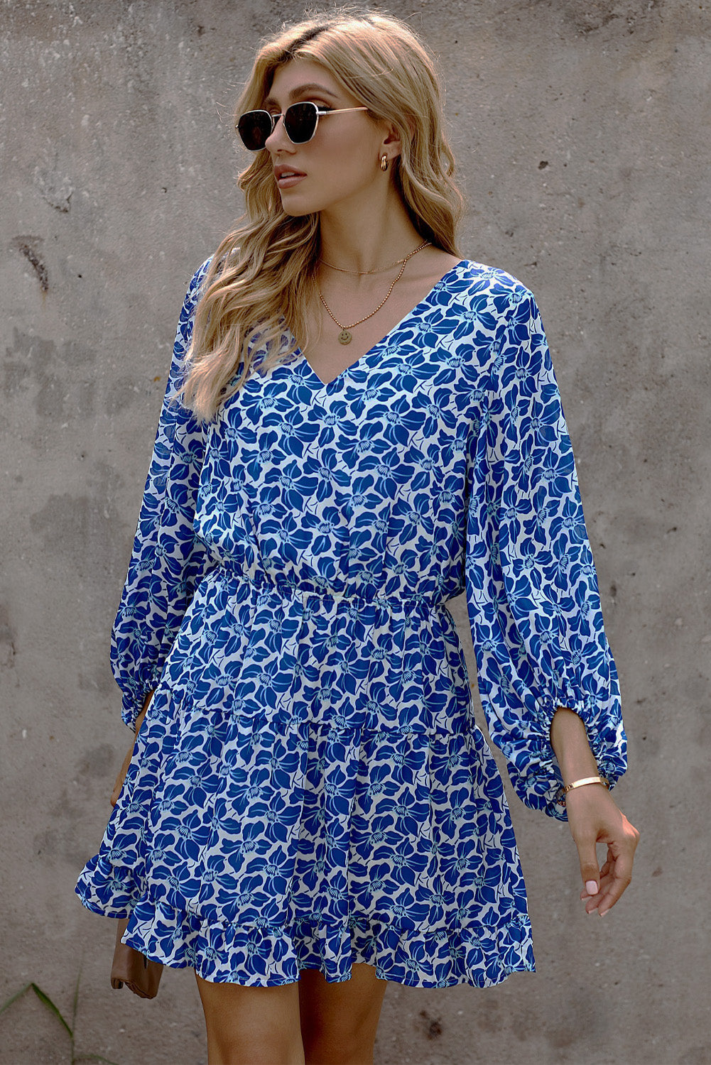 Blue V Neck Lantern Sleeves Floral Tunic Dress Floral Dresses JT's Designer Fashion
