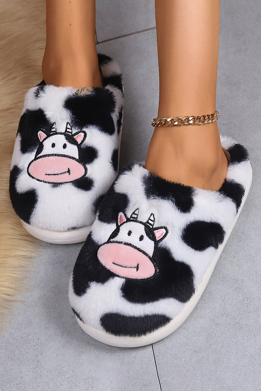 Bright White Cartoon Cow Embroidered Fuzzy Home Slippers Slippers JT's Designer Fashion