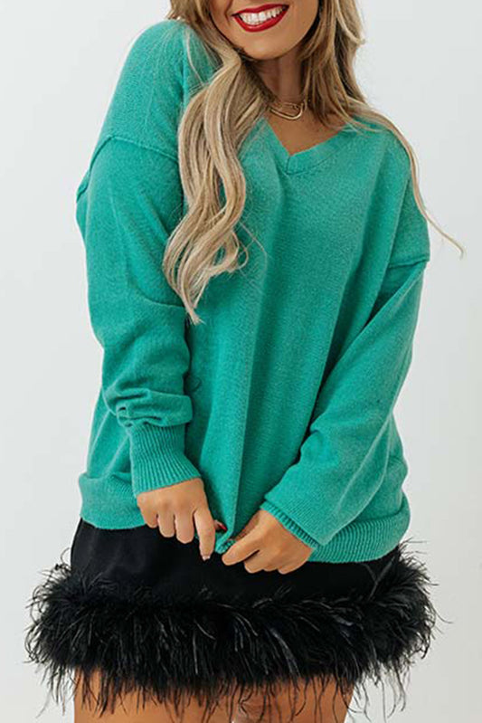 Green Plus Size Drop Shoulder V Neck Sweater Plus Size JT's Designer Fashion