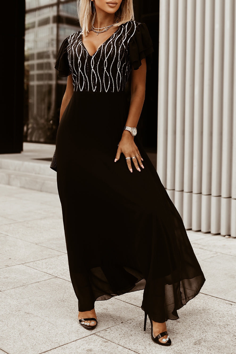 Black V-Neck Ruffle Sleeve Sequin Panel Dress Black 100%Polyester Sequin Dresses JT's Designer Fashion