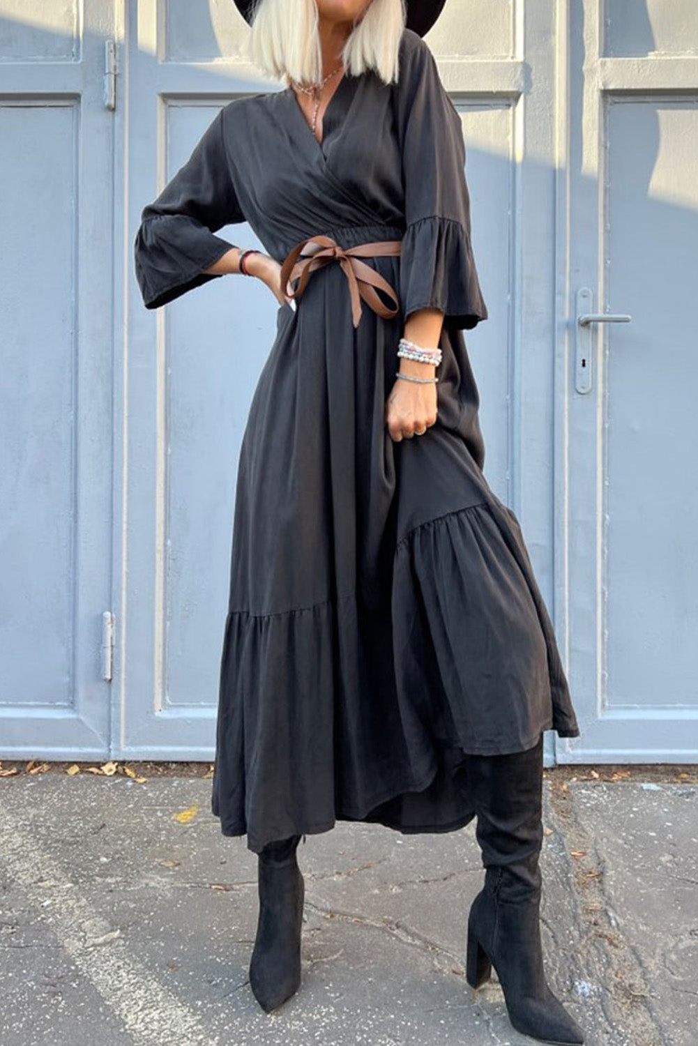Black Ruffle Splice Wrap V Neck Empire Dress Black 100%Viscose Maxi Dresses JT's Designer Fashion