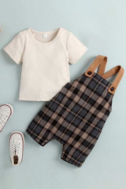 Baby Round Neck Tee and Plaid Overalls Set Plaid Baby JT's Designer Fashion