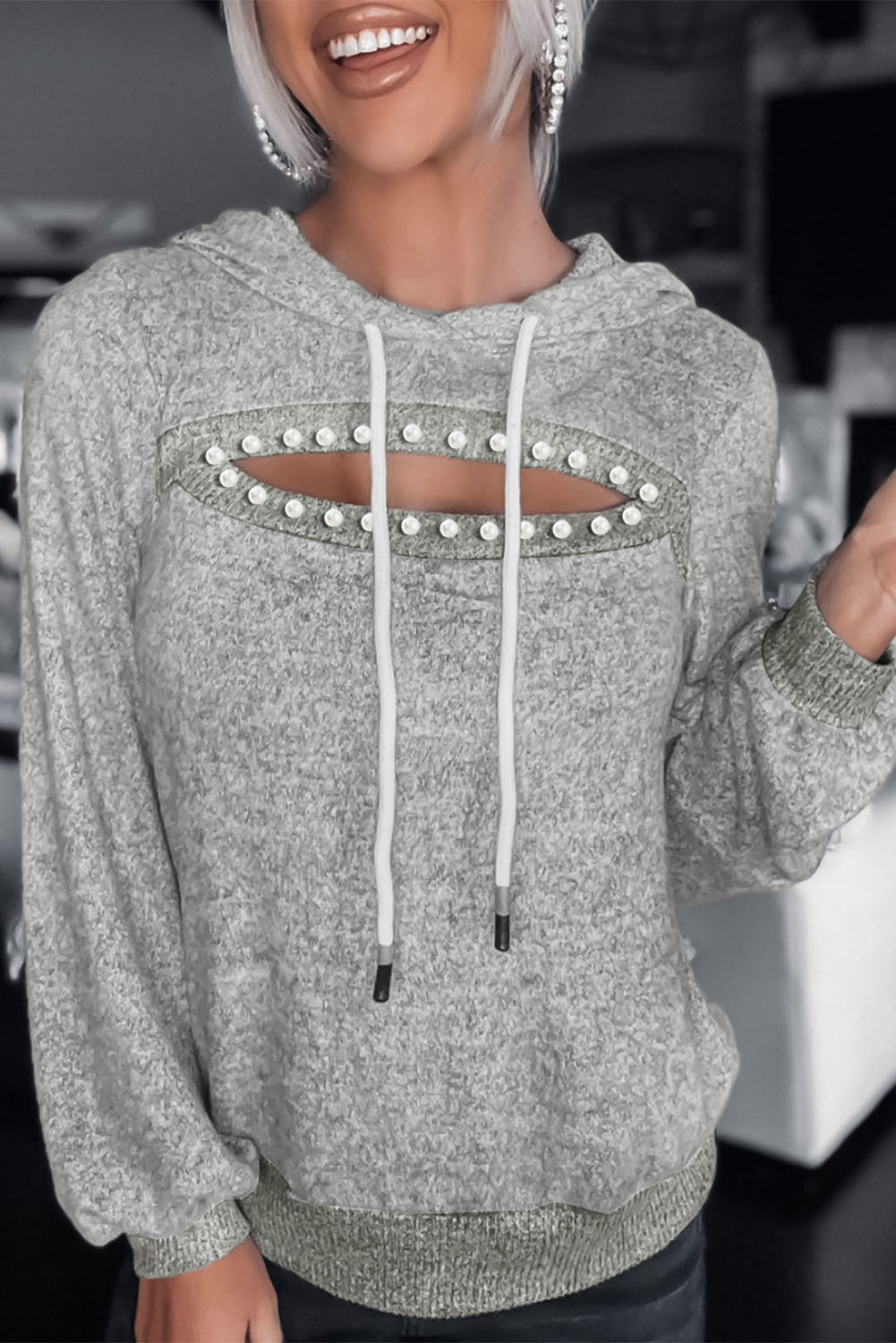Gray Cut Out Bead Drawstring Hoodie Graphic Sweatshirts JT's Designer Fashion