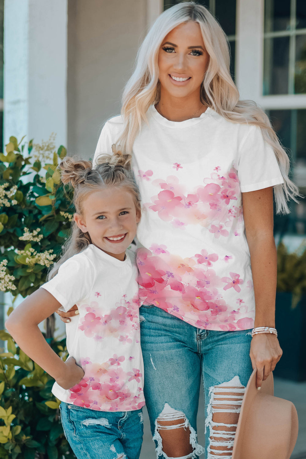 White Mother and Me Flower Pattern Print Short Sleeve Girl's T Shirt Family T-shirts JT's Designer Fashion