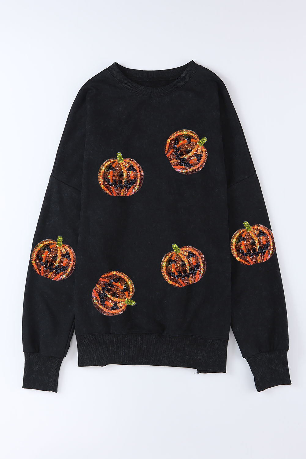 Black Sequined Jack O Lantern Split Hem Baggy Sweatshirt Graphic Sweatshirts JT's Designer Fashion