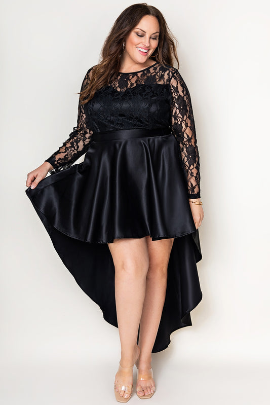 Black Plus Size Sheer Lace Splice High Low Satin Dress Plus Size Dresses JT's Designer Fashion