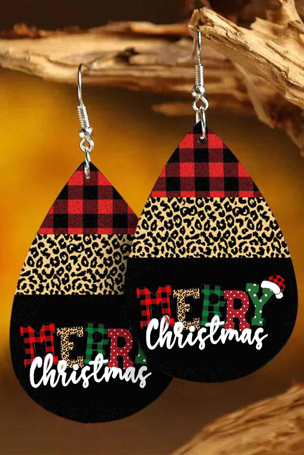 Black Merry Christmas Leopard Plaid Drop Earrings Jewelry JT's Designer Fashion