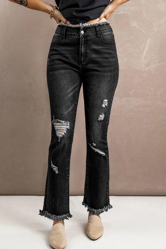 Black Frayed Ripped High Waist Flare Jeans Black Jeans JT's Designer Fashion