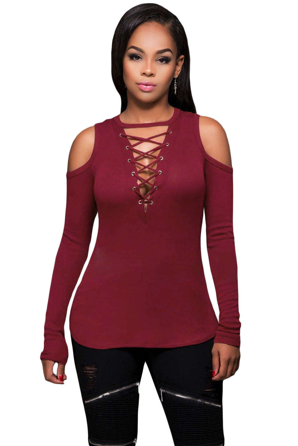 Burgundy Long Sleeve Cut-out Shoulder Ribbed Top as shown Polyester+Spandex Long Sleeve Tops JT's Designer Fashion