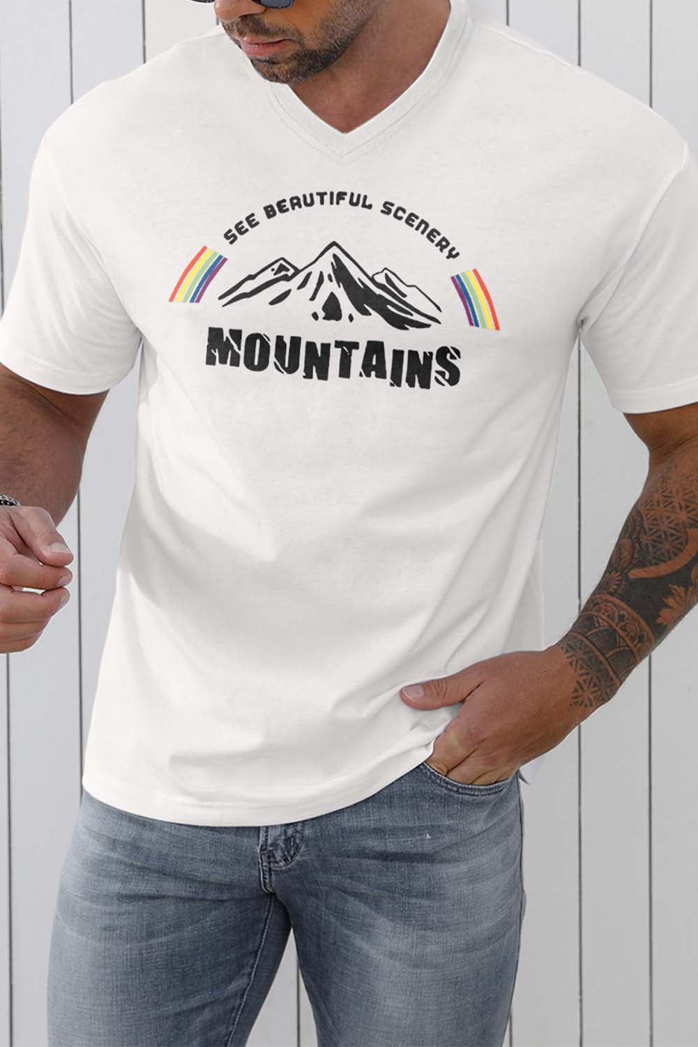 White See Beautiful Scenery Mountains Print T Shirt for Men White 65%Polyester+30%Cotton+5%Elastane Men's Tops JT's Designer Fashion