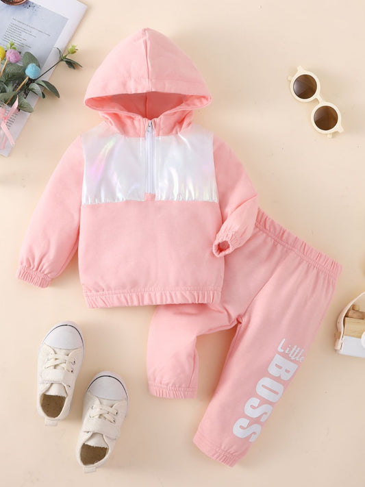 Baby Two-Tone Hoodie and Letter Graphic Joggers Set Blush Pink Baby JT's Designer Fashion