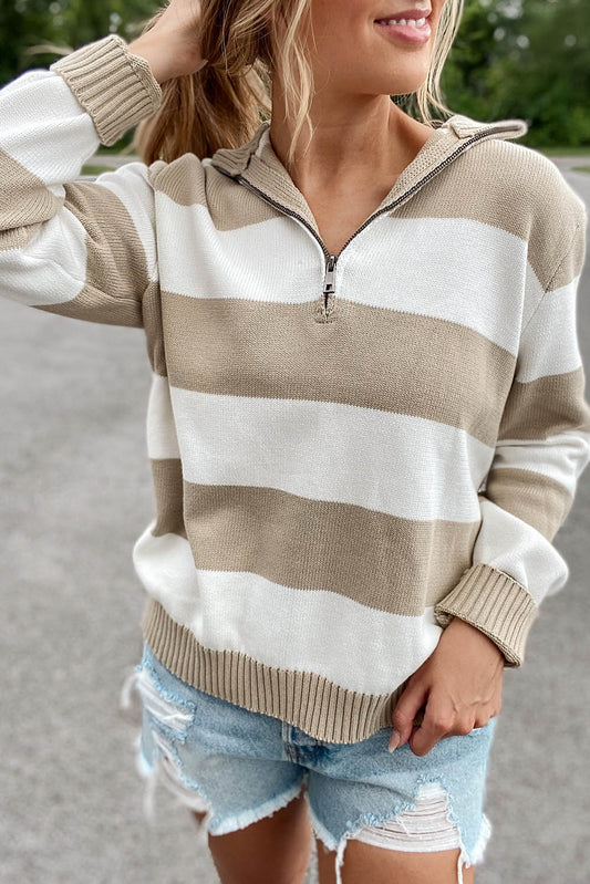 Stripe Zipped Collar Ribbed Edge Sweater Pre Order Sweaters & Cardigans JT's Designer Fashion