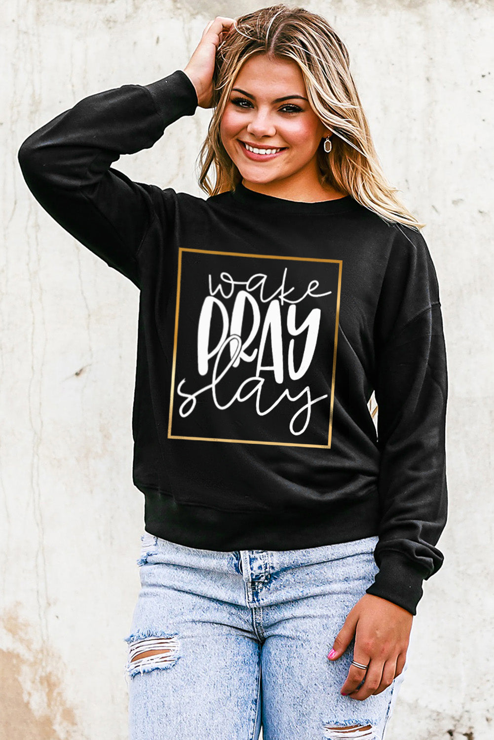Black Wake Pray Slay Glitter Print Pullover Sweatshirt Graphic Sweatshirts JT's Designer Fashion