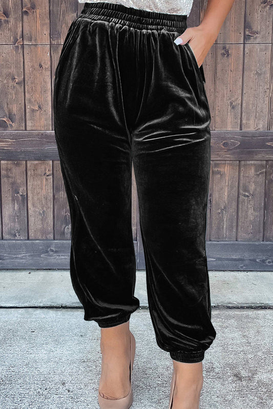 Black Plus Size Velvet Elastic Waist Jogger Pants Plus Size JT's Designer Fashion