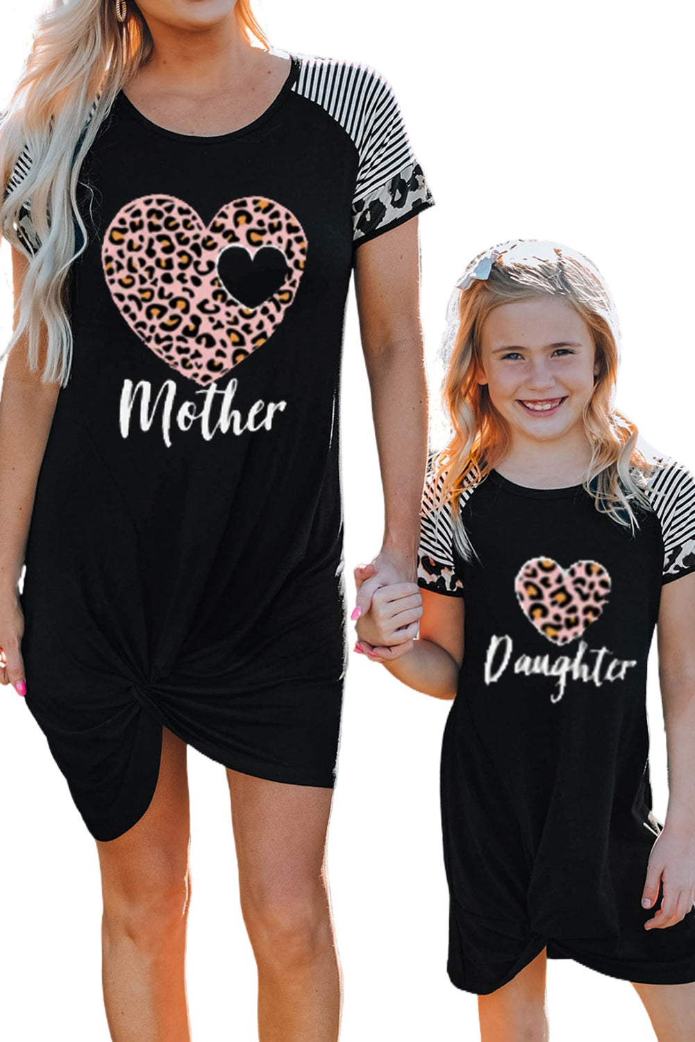Black Leopard Heart Family Matching T-shirt Dress for Mother Family Dress JT's Designer Fashion