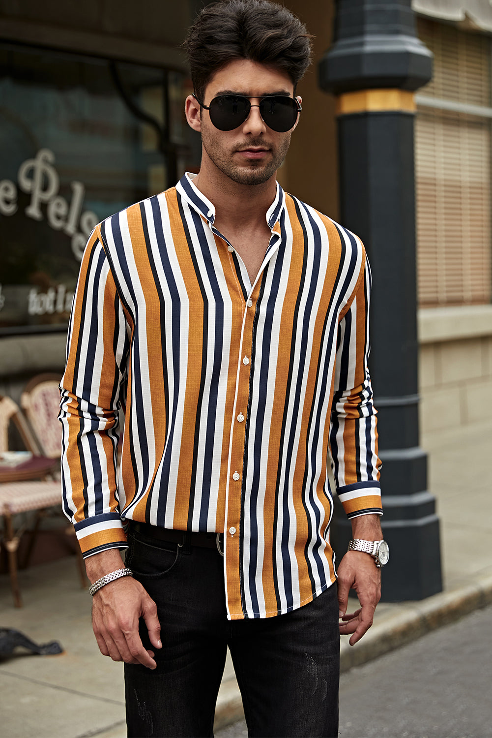 Multicolor Striped Print Buttons Men's Long Sleeve Shirt Men's Tops JT's Designer Fashion