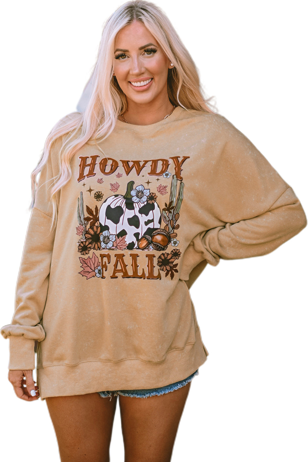 Khaki HOWDY FALL Pumpkin Print Split Hem Sweatshirt Graphic Sweatshirts JT's Designer Fashion