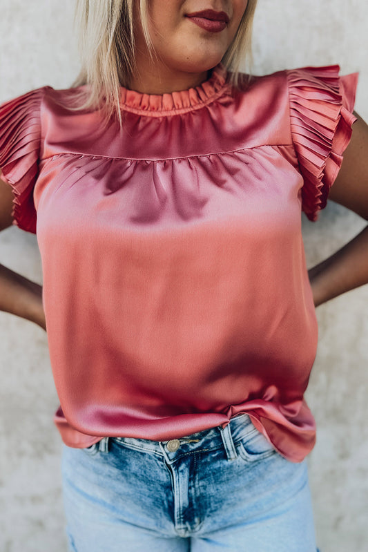 Pink Satin Fringed Ruffle Sleeve Mock Neck Blouse Blouses & Shirts JT's Designer Fashion