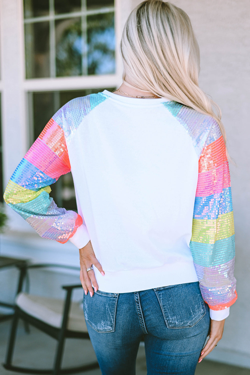White MERRY AND BRIGHT Colorblock Sequin Sleeve Sweatshirt Graphic Sweatshirts JT's Designer Fashion