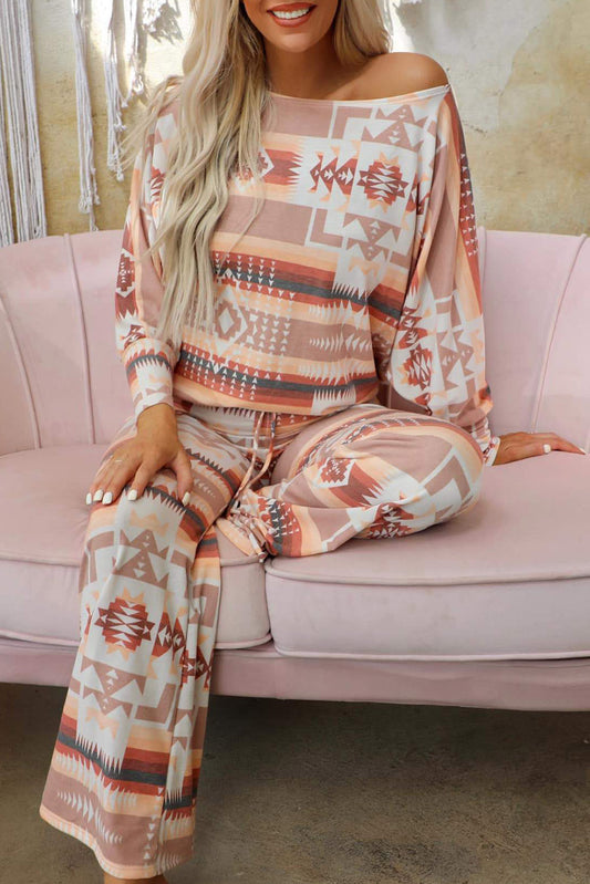 Multicolour Aztec Print Long Sleeve Top Pants Lounge Outfit Loungewear JT's Designer Fashion