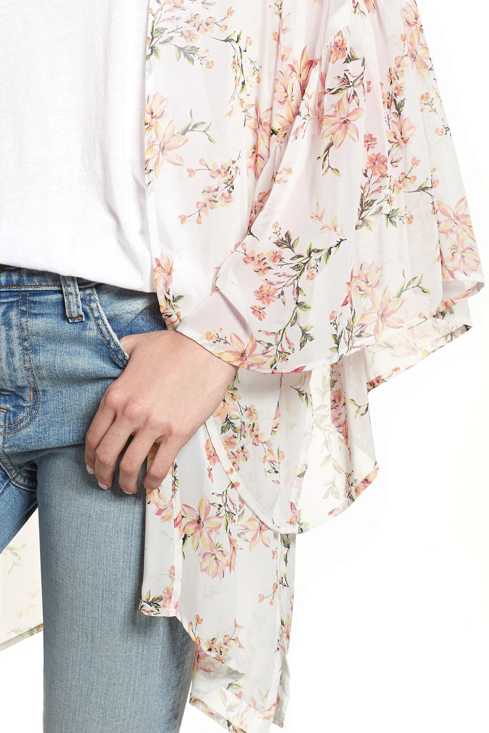 White Floral Print Ruffled Long Sleeves Kimono Kimonos JT's Designer Fashion