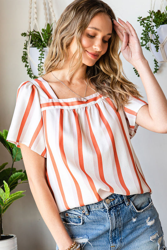 Orange Striped Buttoned Back Square Neck Blouse Blouses & Shirts JT's Designer Fashion