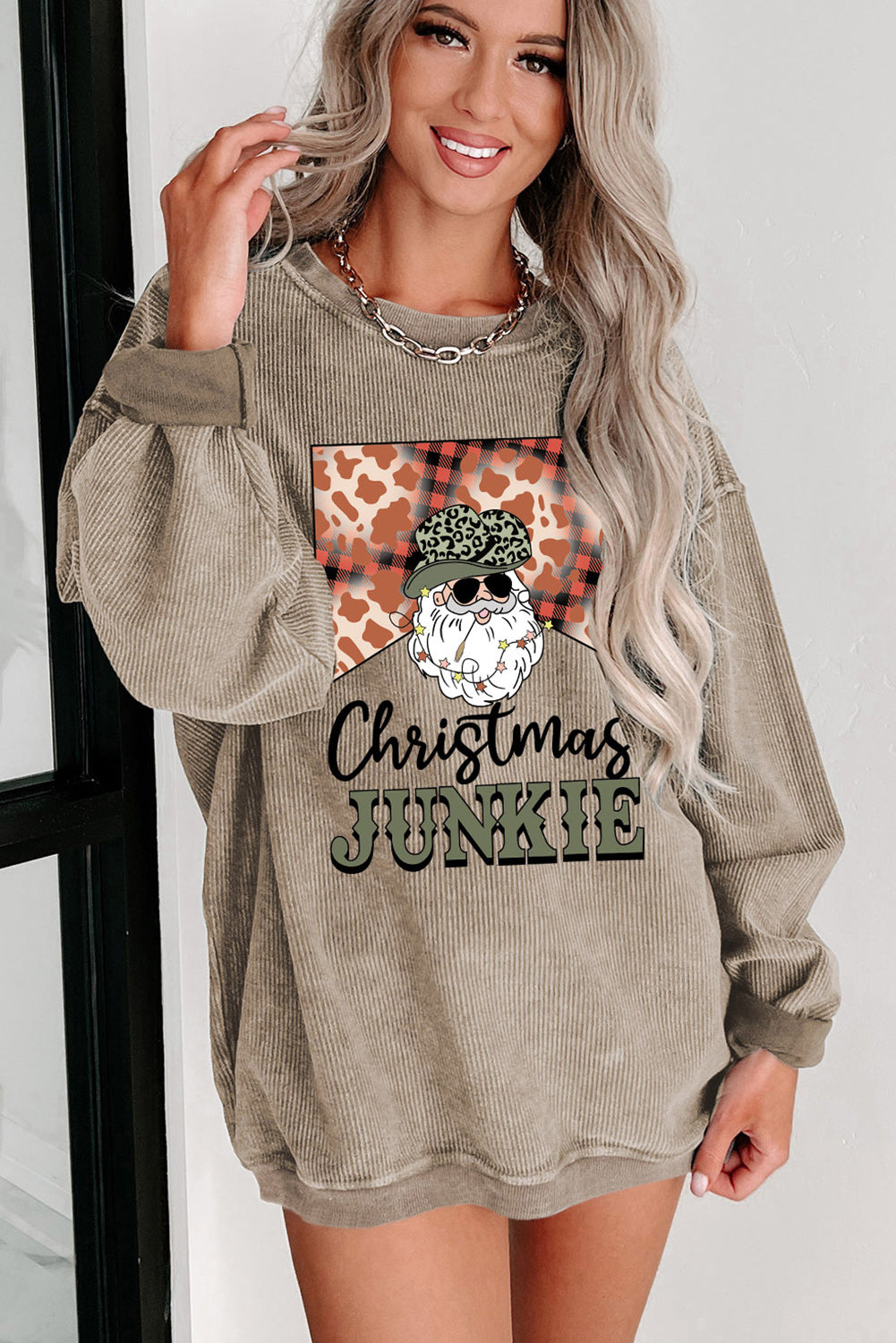 Khaki Christmas JUNKIE Print Crewneck Corded Sweatshirt Graphic Sweatshirts JT's Designer Fashion