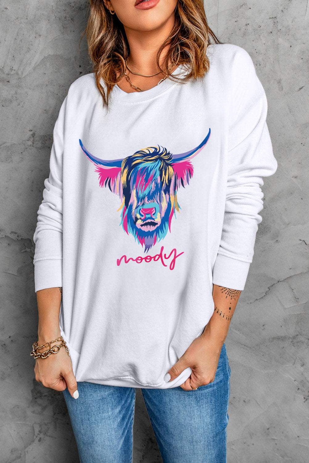 White Cool Highland Heifer Moody Graphic Sweatshirt Graphic Sweatshirts JT's Designer Fashion