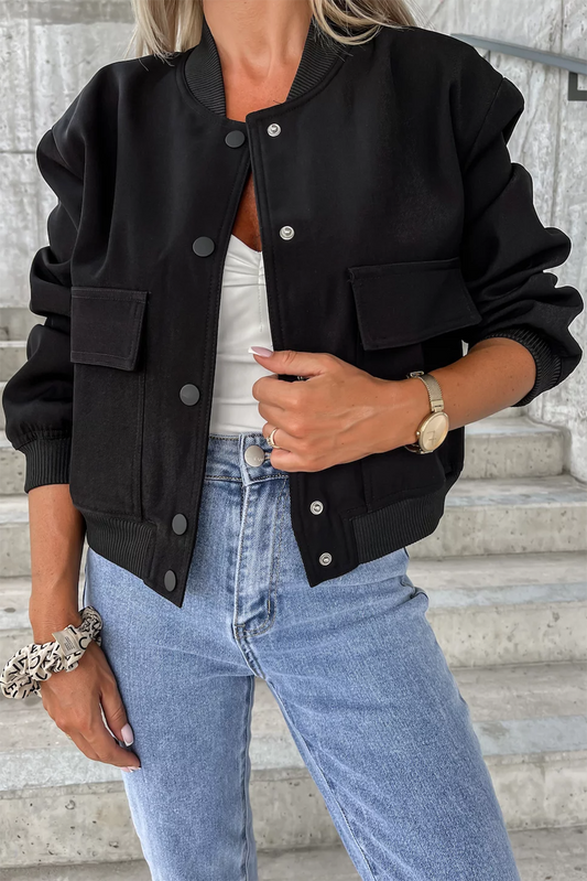 Black Big Pockets Baseball Collar Jacket Outerwear JT's Designer Fashion