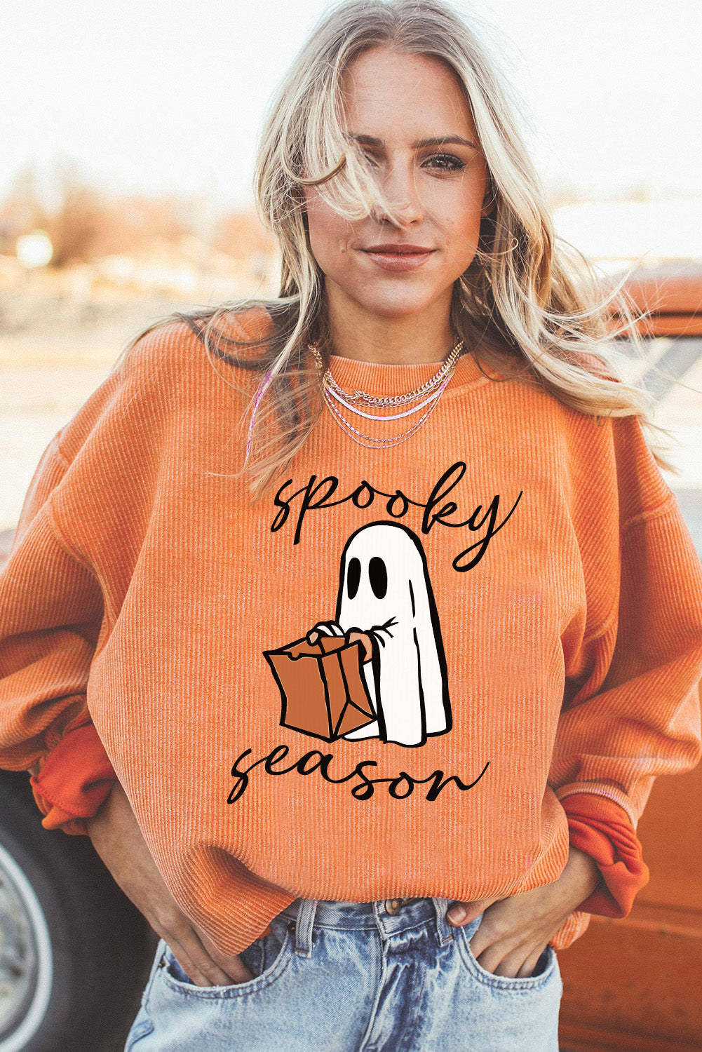 Orange Spooky Season Ghost Print Ribbed Pullover Sweatshirt Graphic Sweatshirts JT's Designer Fashion