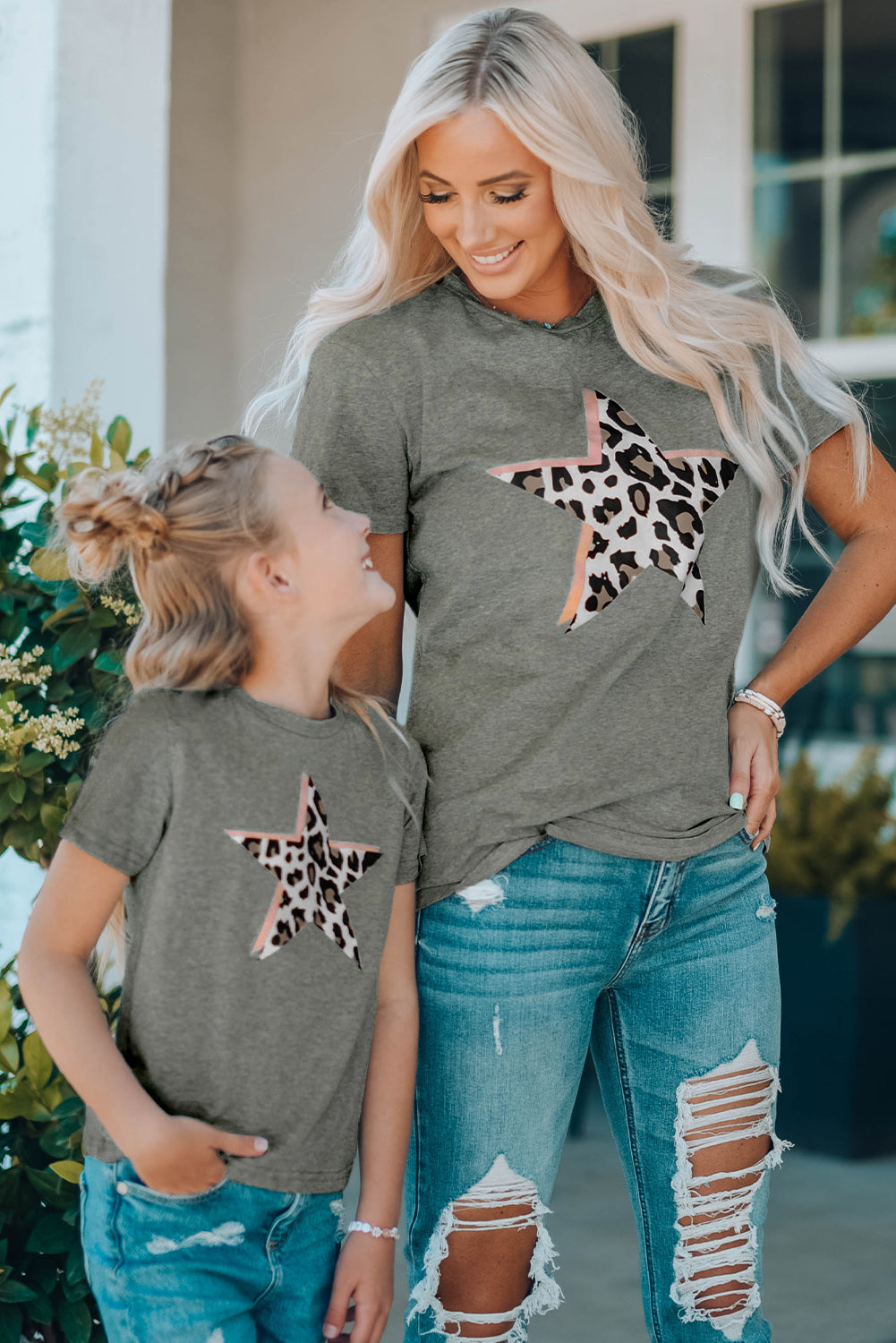 Gray Leopard Star Print Crew Neck Short Sleeve T Shirt Family T-shirts JT's Designer Fashion