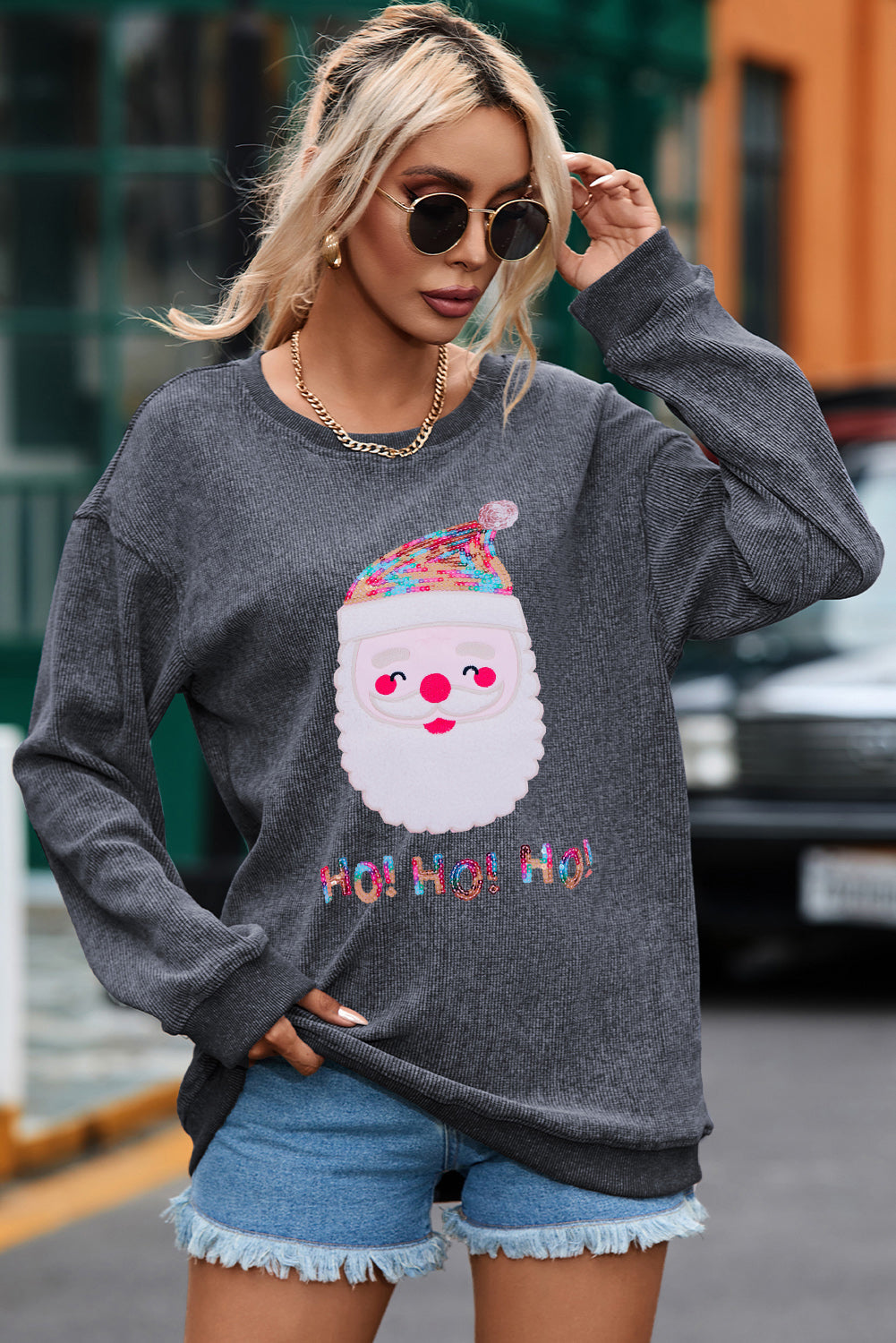 Gray Sequin HO HO HO Santa Claus Graphic Corded Sweatshirt Graphic Sweatshirts JT's Designer Fashion