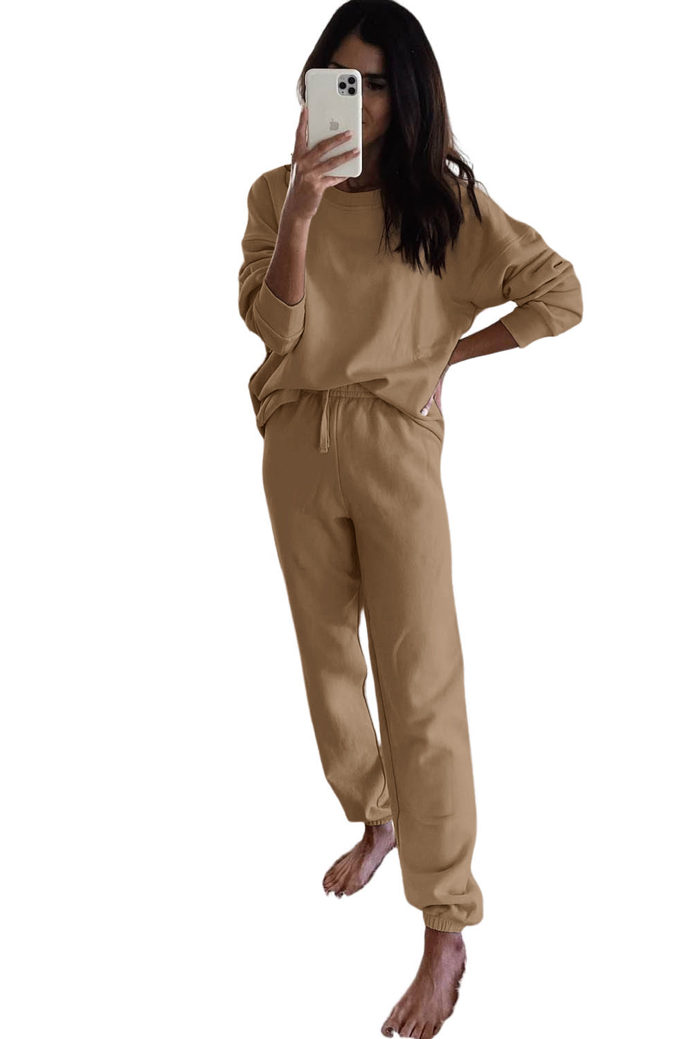 Flaxen Long Sleeve Top and Drawstring Pants Lounge Outfit Loungewear JT's Designer Fashion
