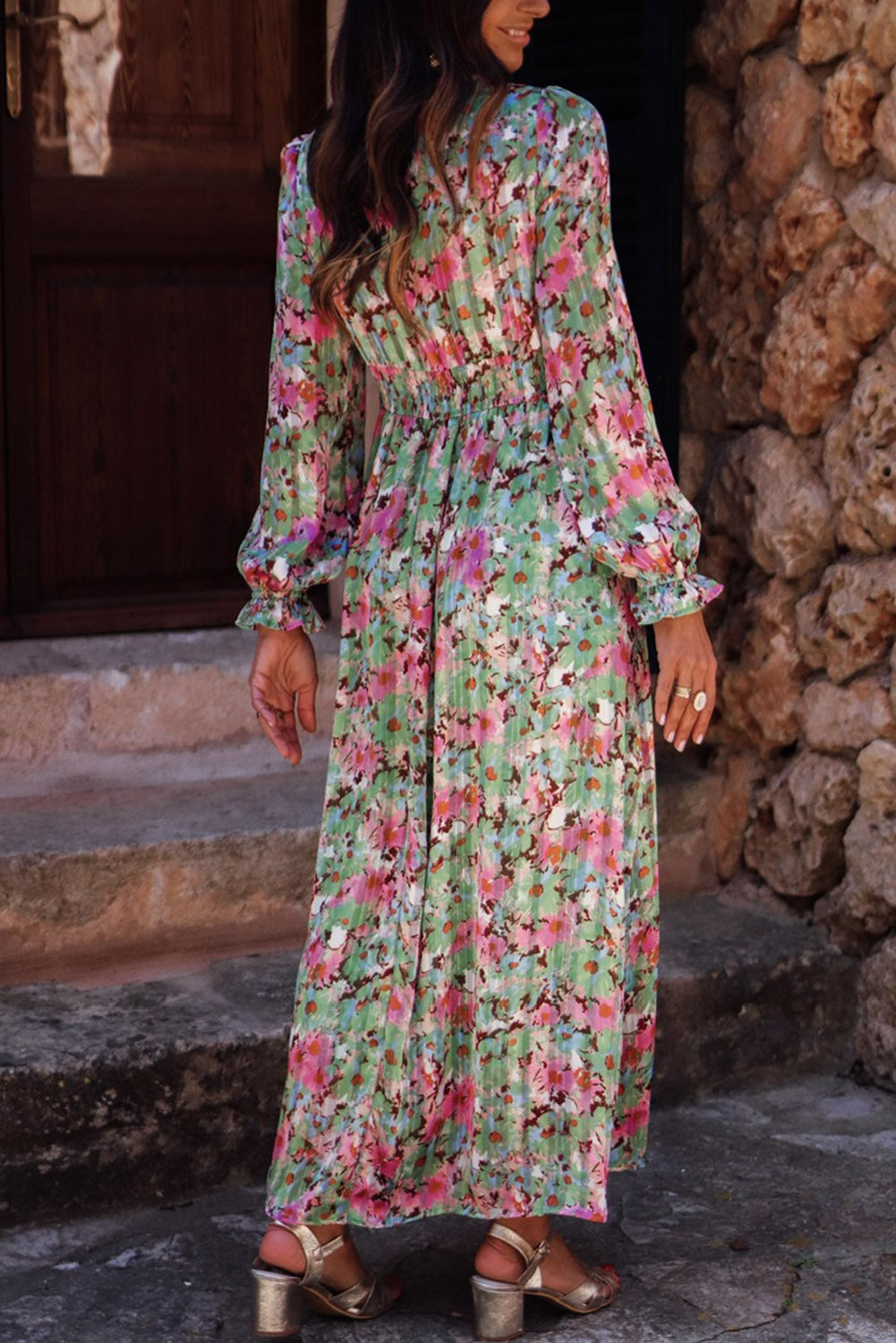 Green Deep V Neck Ruched Cinched Waist Long Floral Dress Dresses JT's Designer Fashion