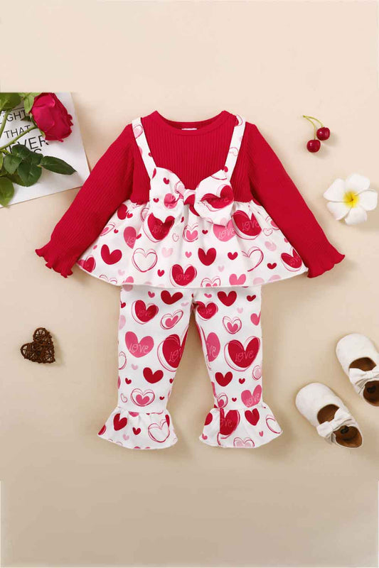 Girls Heart Print Bow Detail Sweater and Flare Pants Set Red Kids Sets JT's Designer Fashion