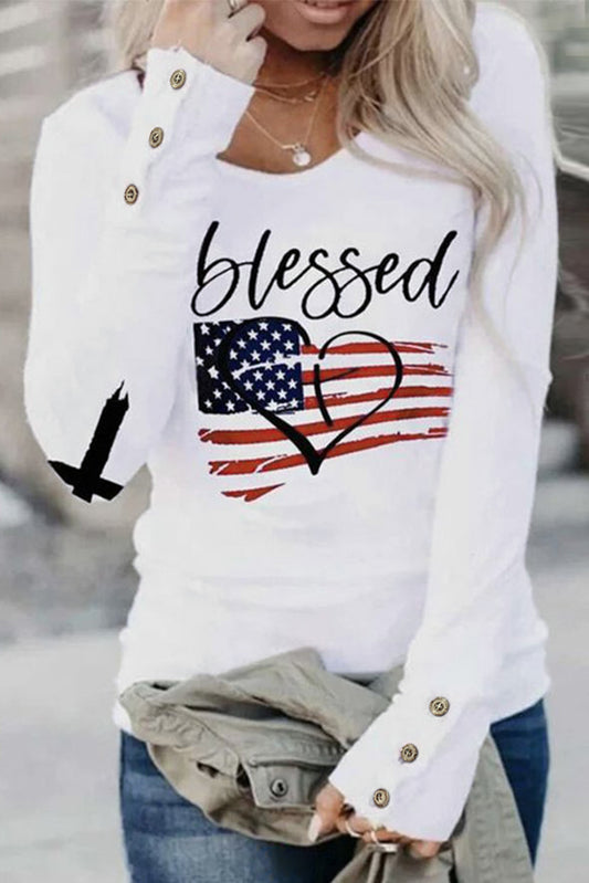 White Blessed American Flag Buttoned Long Sleeve T Shirt White 94%Cotton+6%Elastane Long Sleeve Tops JT's Designer Fashion