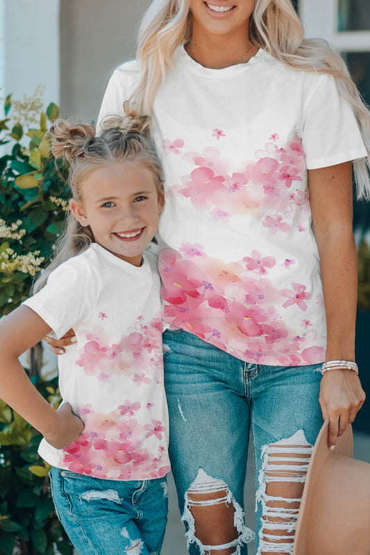 White Daughter and Me Flower Pattern Print Short Sleeve T Shirt White 95%Cotton+5%Elastane Family T-shirts JT's Designer Fashion