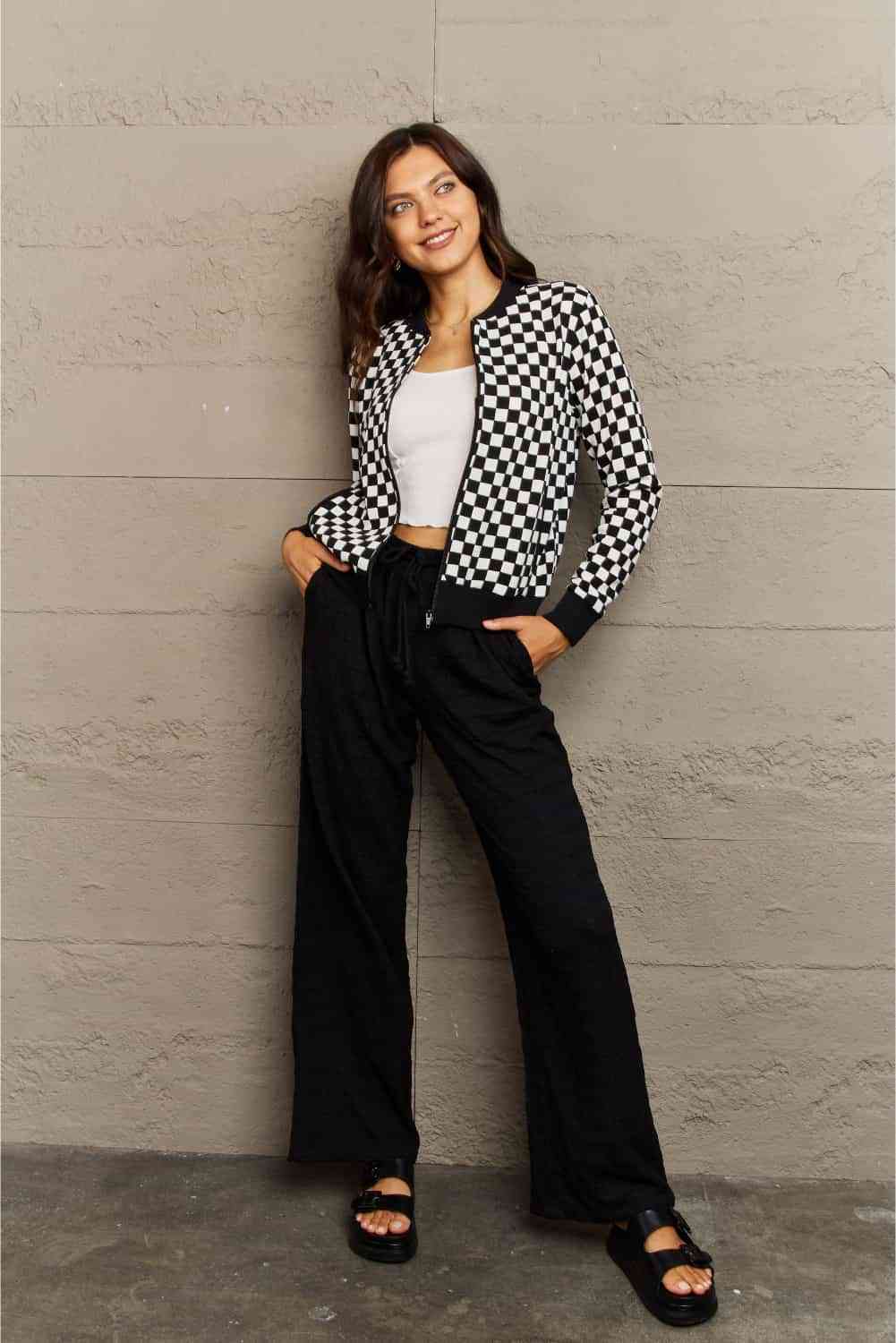 Ninexis Full Size Plaid Round Neck Long Sleeve Jacket Coats & Jackets JT's Designer Fashion