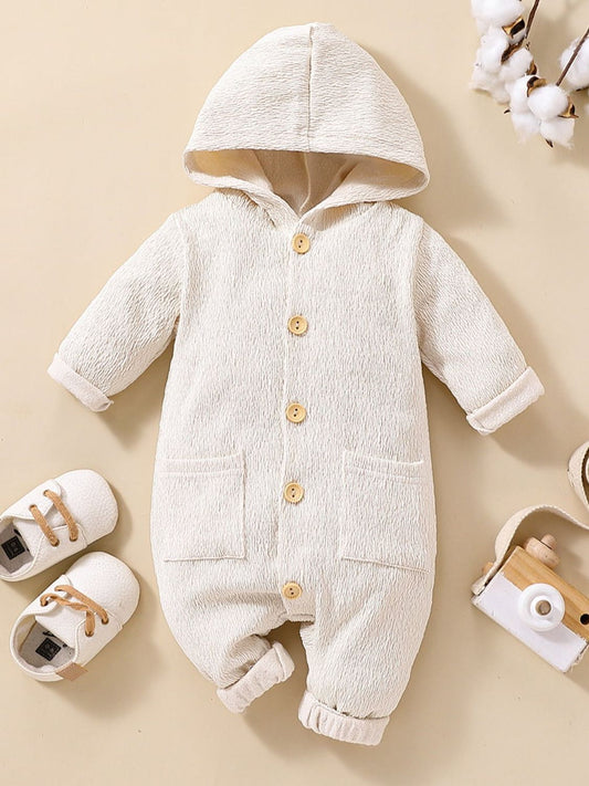 Baby Textured Button Front Hooded Jumpsuit with Pockets White Baby JT's Designer Fashion