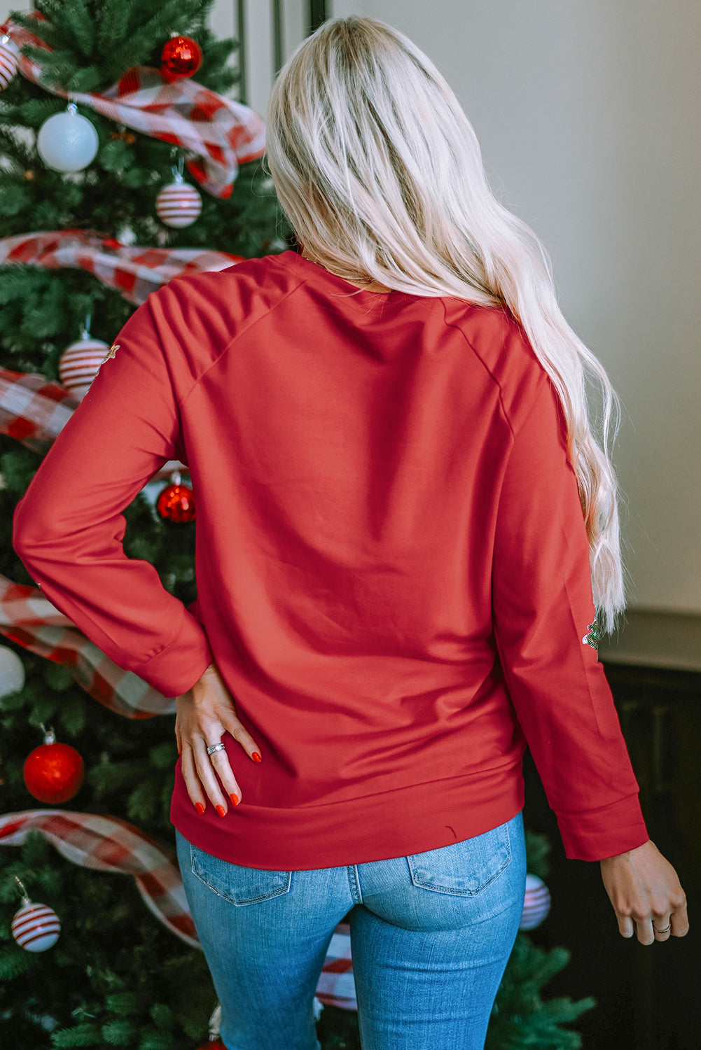 Fiery Red Sequined Christmas Tree Raglan Sleeve Sweatshirt Graphic Sweatshirts JT's Designer Fashion