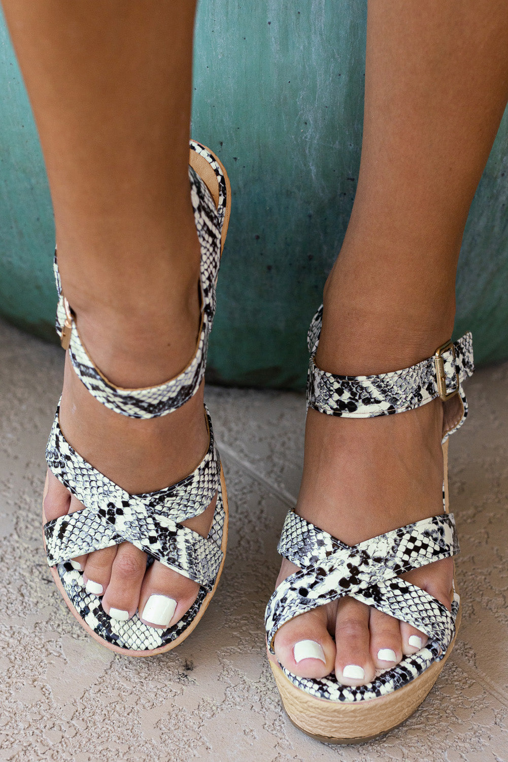 White Snake Leather Buckle Strap Platform Sandals Sandals JT's Designer Fashion