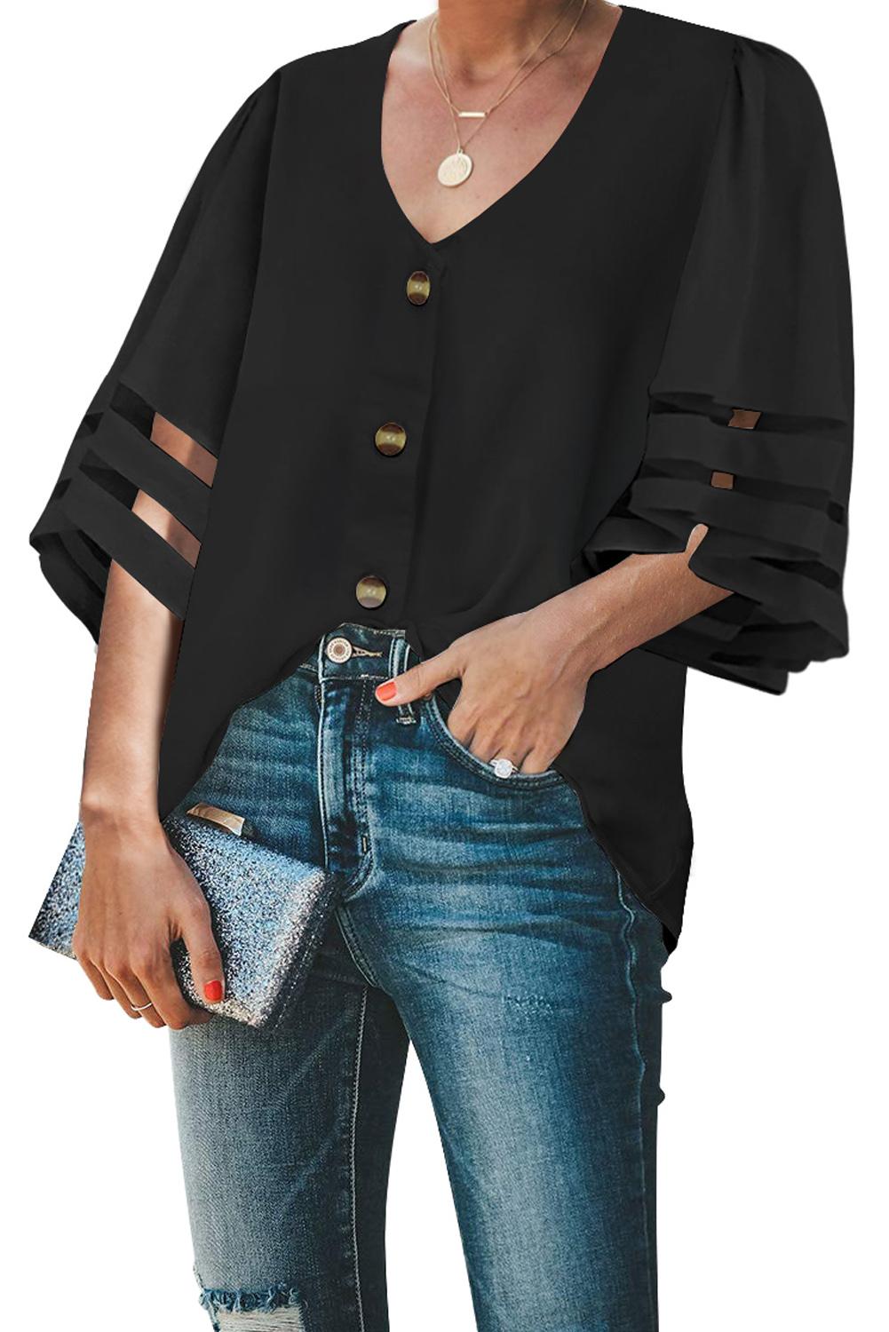 Black Flare Sleeve V Neck Button Down Blouse Black Blouses & Shirts JT's Designer Fashion
