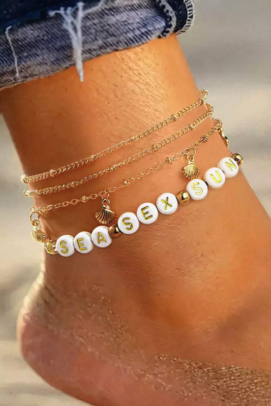 Gold 4Pcs Sea Sex Sun Shell Beading Anklet Set Jewelry JT's Designer Fashion