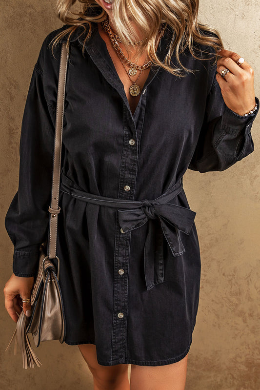 Black Button-Up Belted Denim Shirt Dress Dresses JT's Designer Fashion