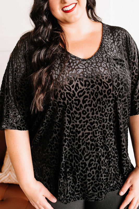 Black Plus Size Leopard Emboss V Neck Top Plus Size Tops JT's Designer Fashion