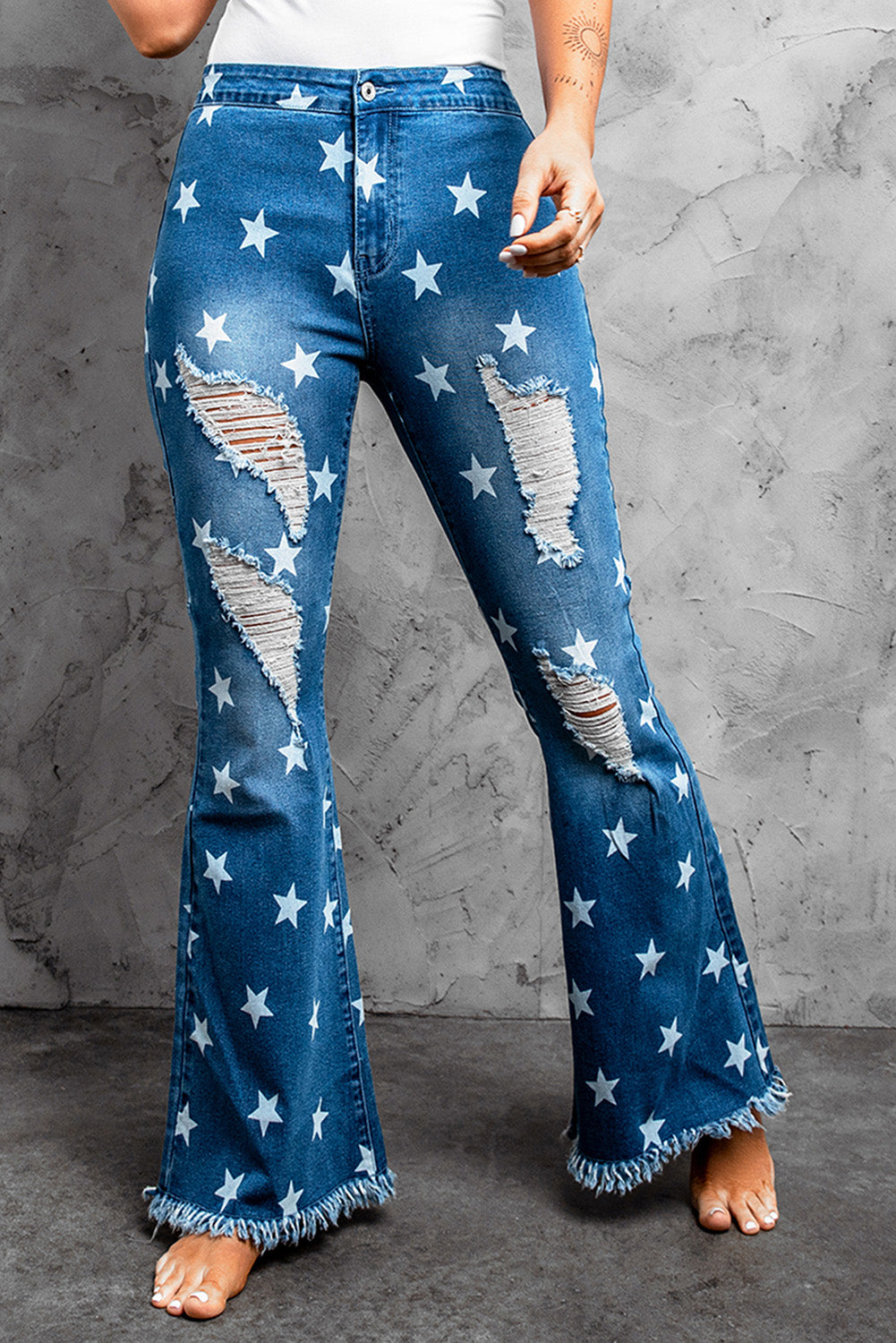 Star Print Distressed Raw Hem Flare Jeans Jeans JT's Designer Fashion